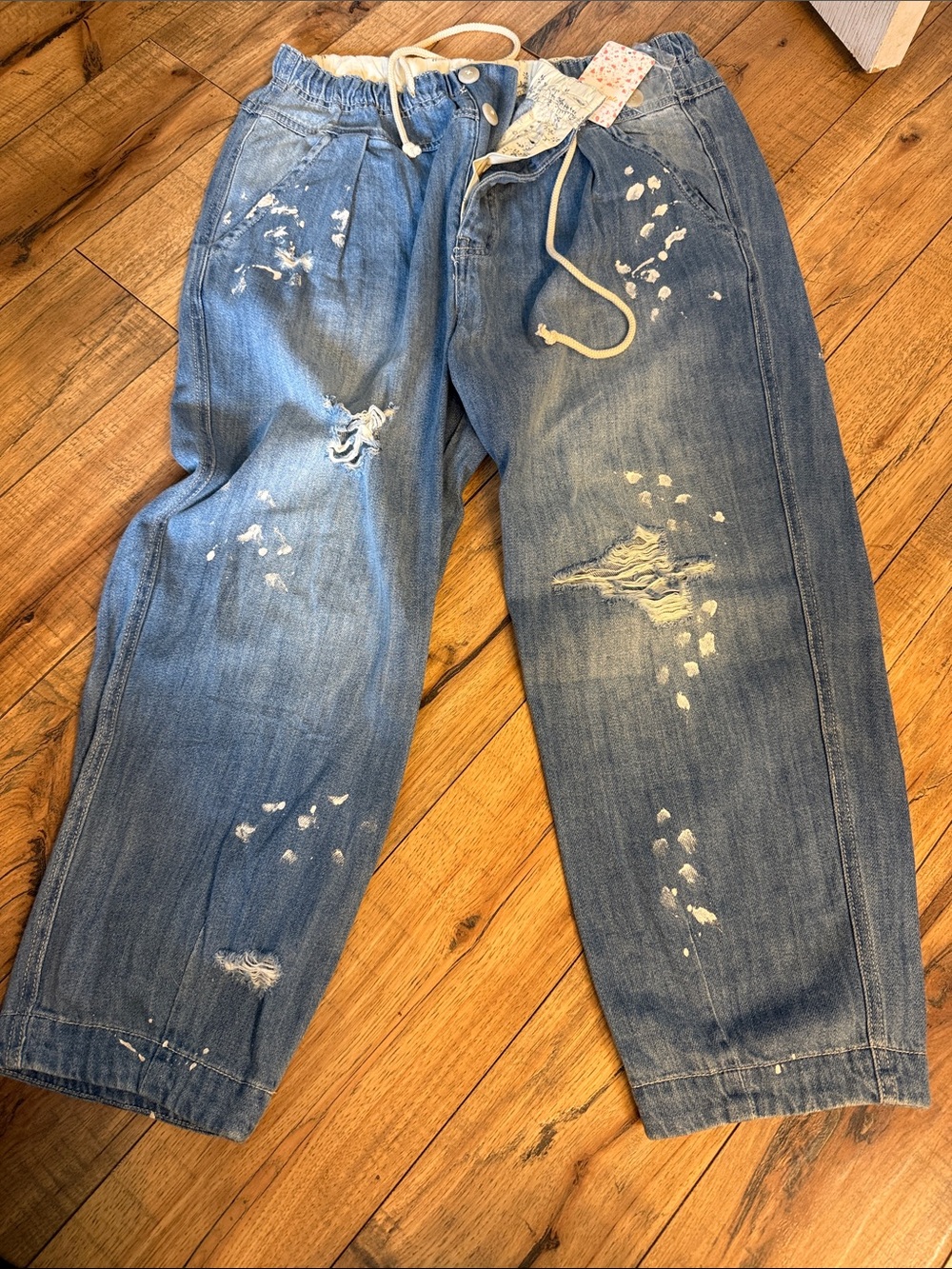 Free People Relaxed Blue Distressed Paint-Splatter Jeans